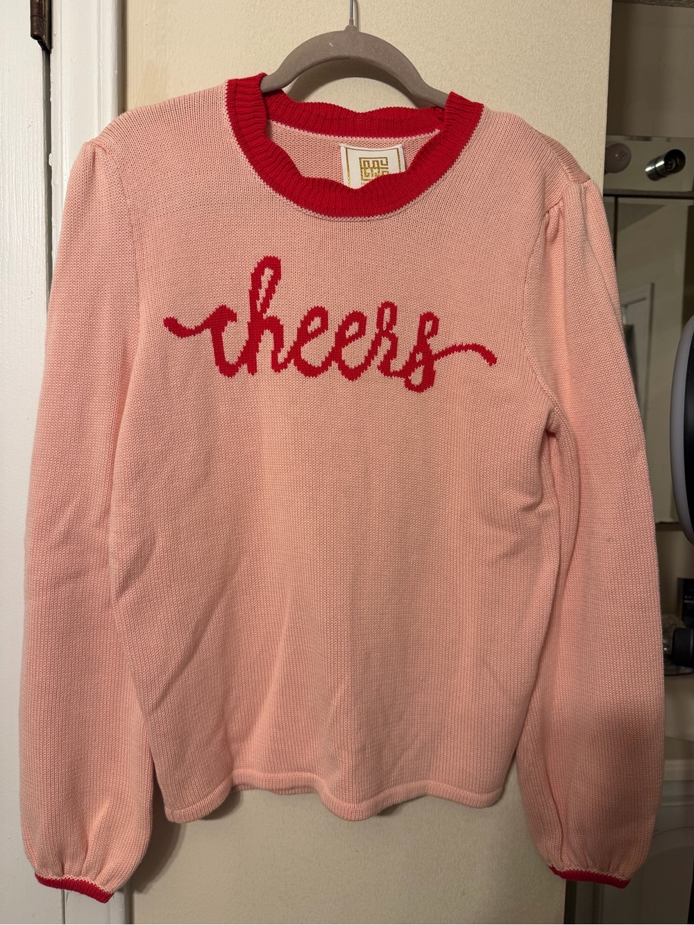 Pink 'Cheers' Crew Neck Sweater with Red Trim